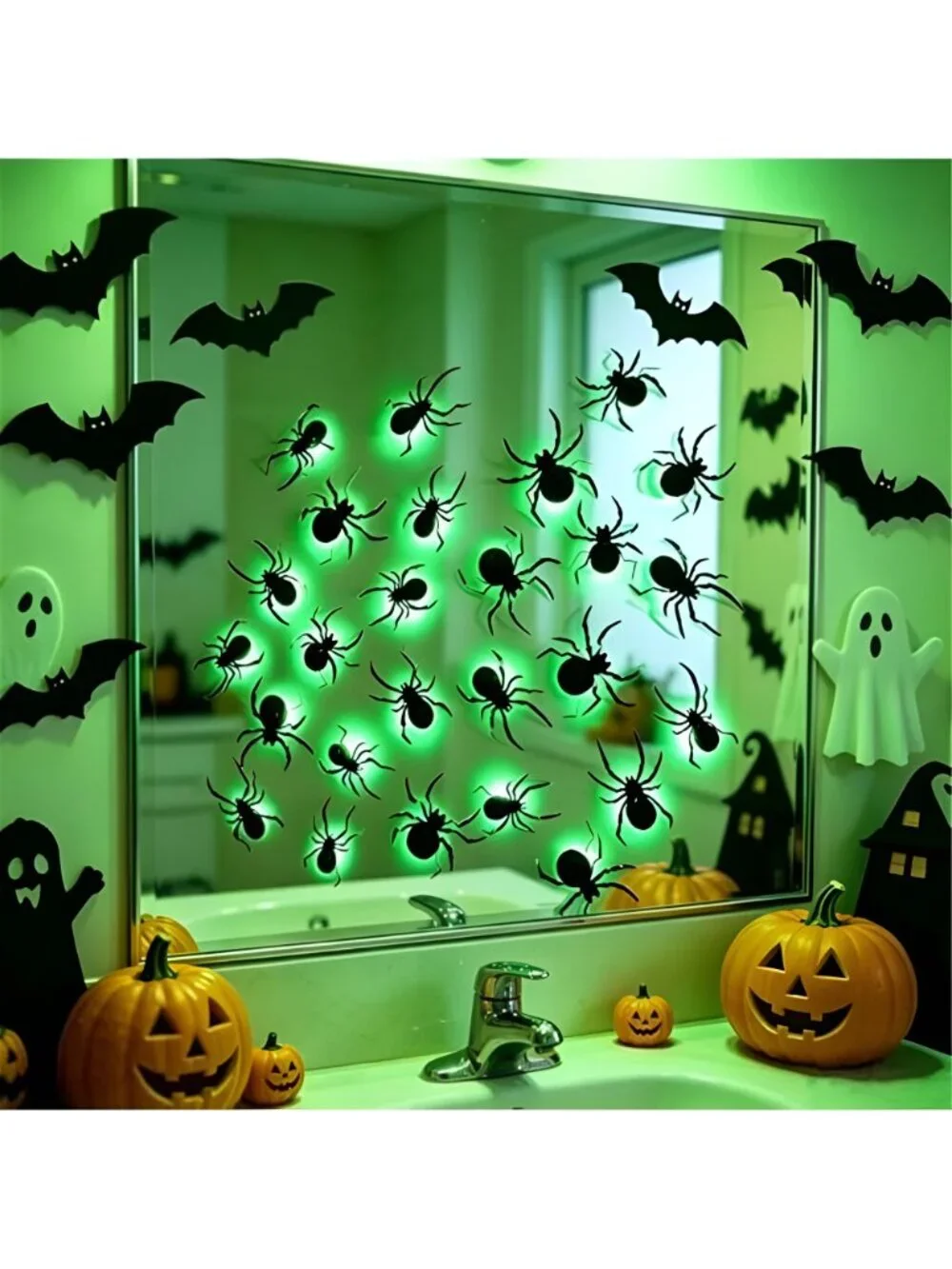 36 Pack Halloween Wall Decor Light up Spiders, Green
